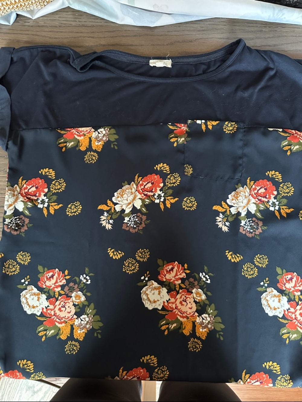 Black Floral Short Sleeve Women's Top with Pocket